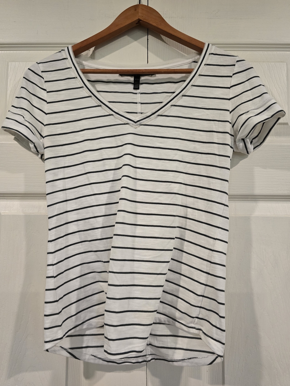 White House Black Market White and Olive Striped V-Neck Short Sleeve Tee